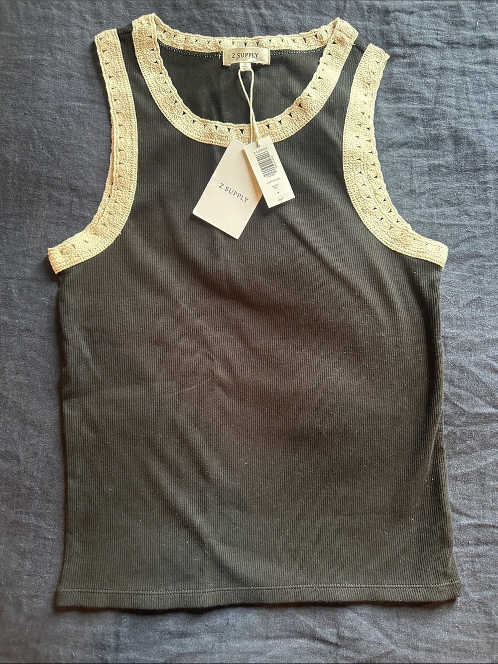 Z Supply Black Ribbed Tank with Cream Crochet Trim